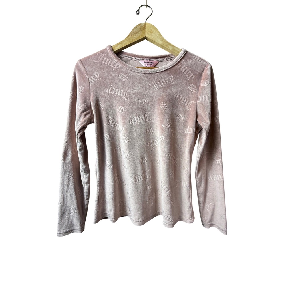 Juicy Couture Velour Long Sleeve Logo Print Pajama‎ Top Pale Pink L Y2K